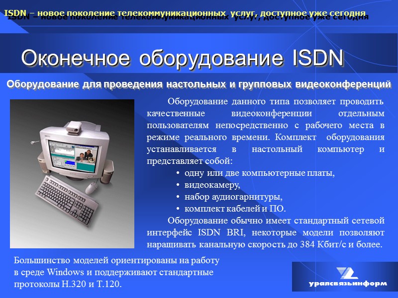 Оконечное оборудование ISDN Оборудование для проведения настольных и групповых видеоконференций Оборудование данного типа позволяет